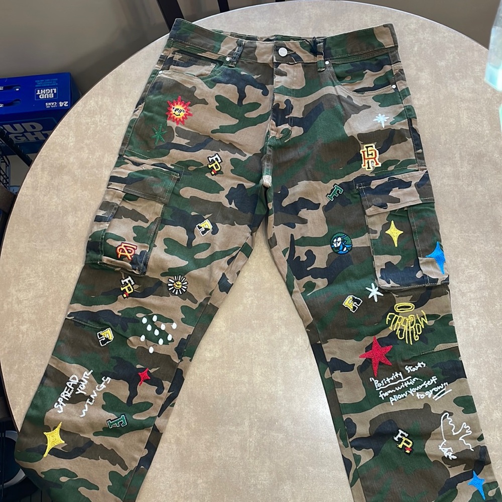 Camo Cargo Pants with Embroidery